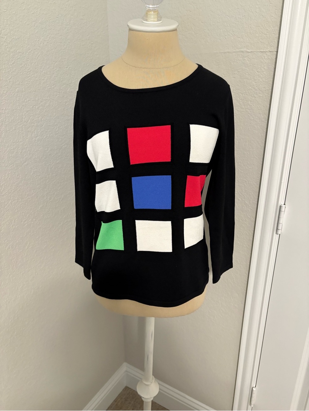 Carlisle Black Knit Top with Multicolor Geometric Blocks 3/4 sleeve